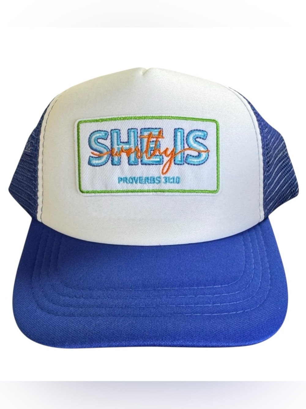White & Blue Embroidered Trucker Hat - 'She is Worthy’